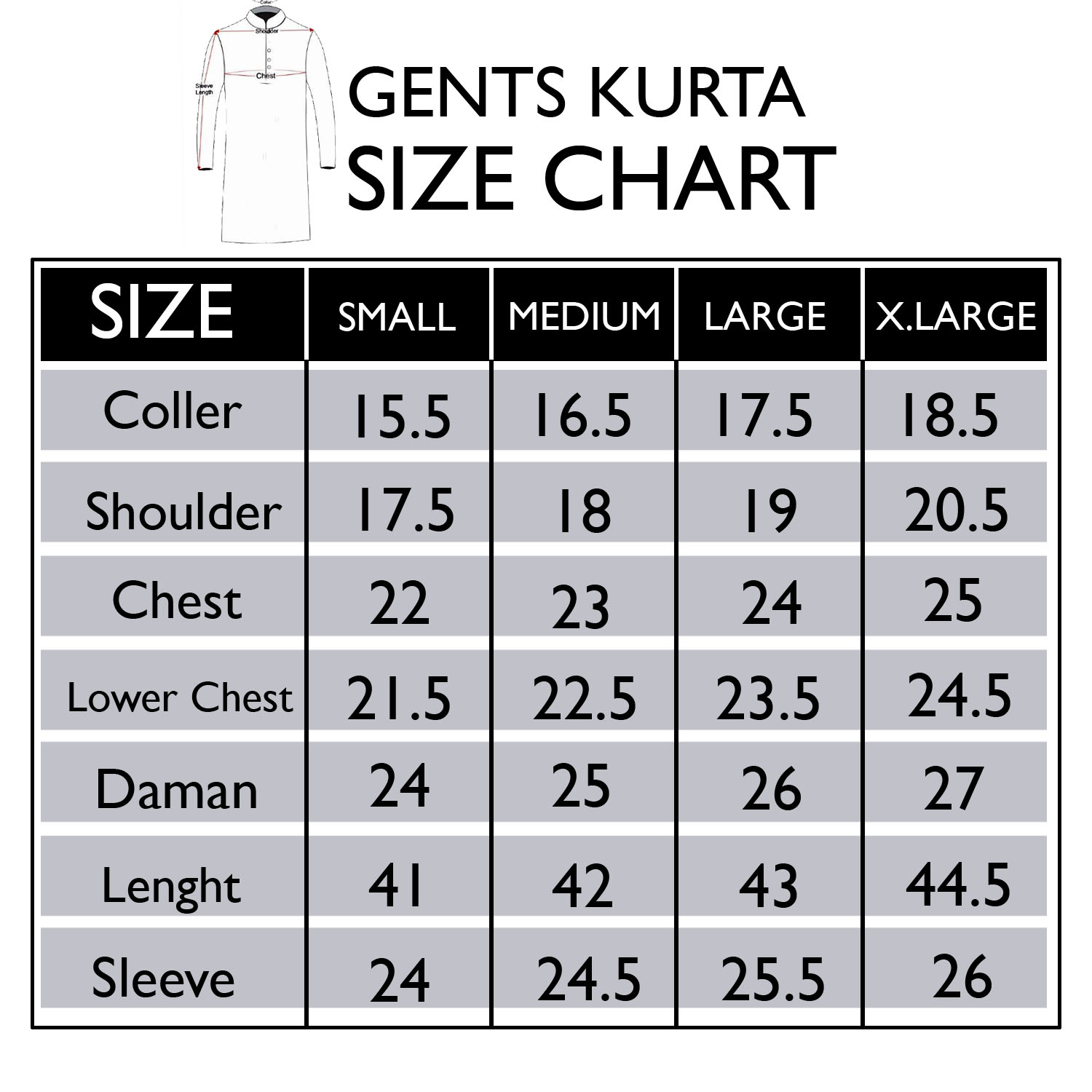 Kurta Size Chart