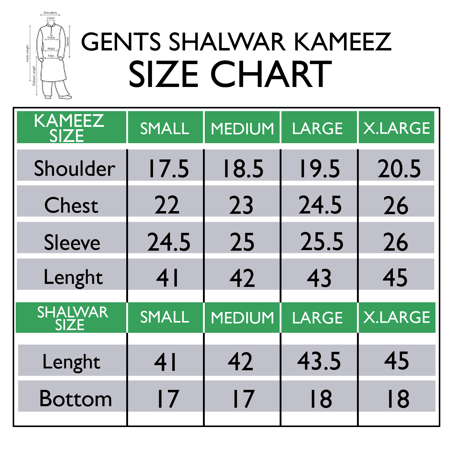 Size Chart For Pakistani Shalwar Kameez